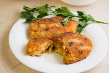 Potato patties with fried onions on a white plate