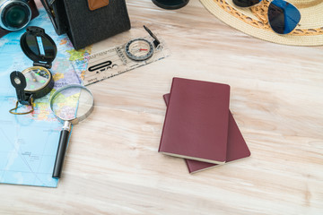 Travel preparation : compass, money, passport, road map ,hat,sun