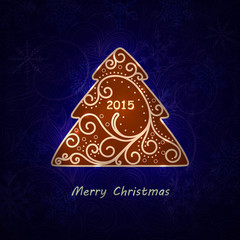 Elegant swirl Christmas tree with shine. Vector card.