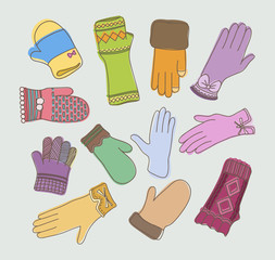 hand drawn mittens, glove winter set