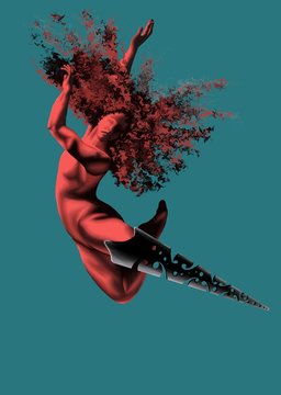 Une danseuse de danse contemporaine effectue un saut. Elle porte une proth&egrave;se de jambe en forme de c&ocirc;ne pointu ajour&eacute;. 