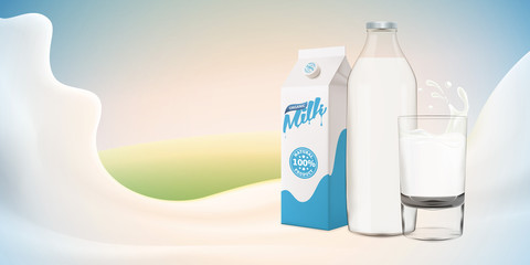 Realistic yogurt vector illustration with milk bottle on bright background