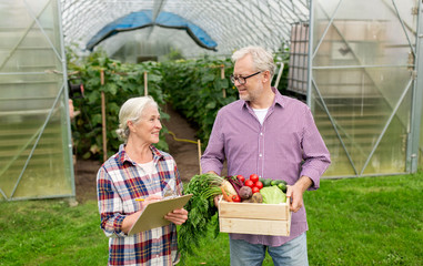 senior couple with box of vegetables on farm