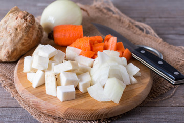 Diced vegetables on a cutting board