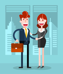Flat Businessman and Businesswoman Shaking Hands in the Office. Isolated Flat Vector Illustration. 