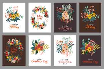 Vector set of vintage postcards Valentine's Day with flowers