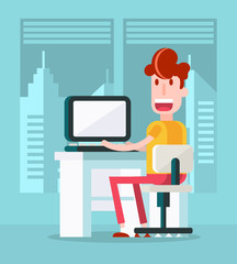 Boy Working with a Laptop in the Office. Isolated Flat Vector Illustration.