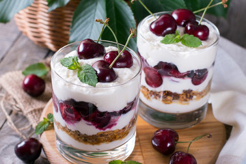 Milk dessert with ripe cherries in a glass jar