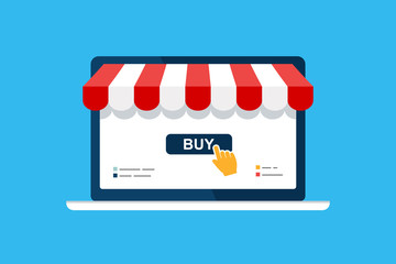 Online shop. Digital Marketing, store, Ecommerce shopping concept. Striped awning, laptop screen buy. Colored flat vector icon isolated on blue. Fashion design for web UI, mobile upp, banner, poster