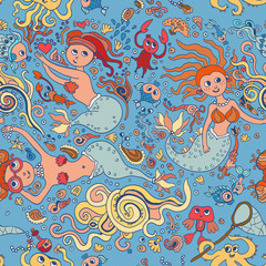 Beautiful blue seamless pattern with mermaid