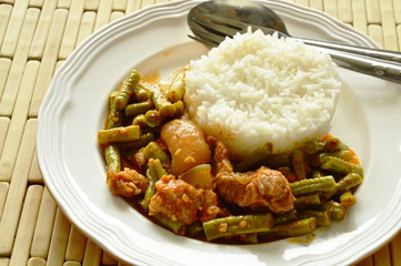 spicy stir fried yard long bean and fat pork curry eat couple with rice