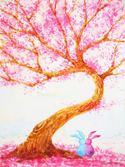couple rabbits lover sitting under love tree valentines day watercolor painting
