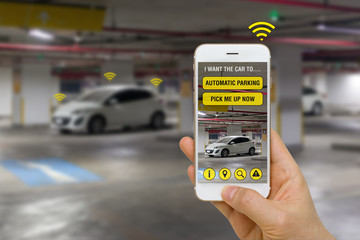 Self-Driving Car Controlled with App on Smartphone to Park in Parking Lot Concept