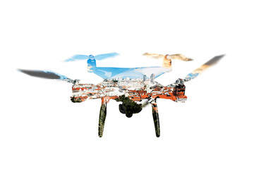 Double exposure. Hovering drone and roofs of buildings in the ci