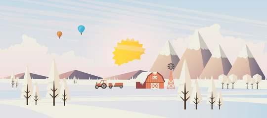 Flat illustration of winter landscape, Vector Design,