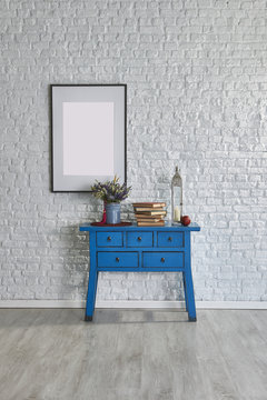 frame and blue old desk brick wall and wallpaper style