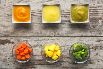 Baby mash with raw ingredients, on top of the wooden table. Top view.