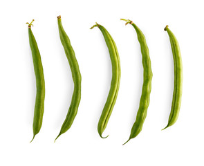 Row of fresh green french beans isolated on white background