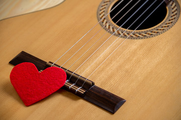 Bright Red Heart on Yellow Guitar/ Valentine day background