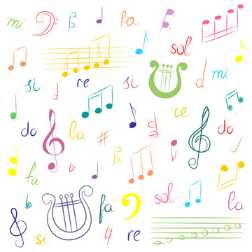 Hand Drawn Set of  Music Symbols. Colorful Doodle Treble Clef, Bass Clef, Notes and Lyre. Sketch Style Vector Illustration.