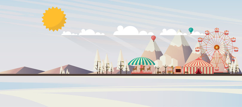Flat illustration of amusement park at daytime in winter illustration

