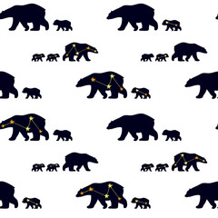 Cute seamless pattern with winter polar bear. Mother and her child. Constellation bears. Cute children pattern. Perfect for background paper or textiles.