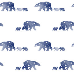 Cute seamless pattern with watercolor winter polar bear. Mother and her child. Constellation bears. Cute children pattern. Perfect for background paper or textiles.