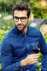 Denim shirt guy with glass of wine