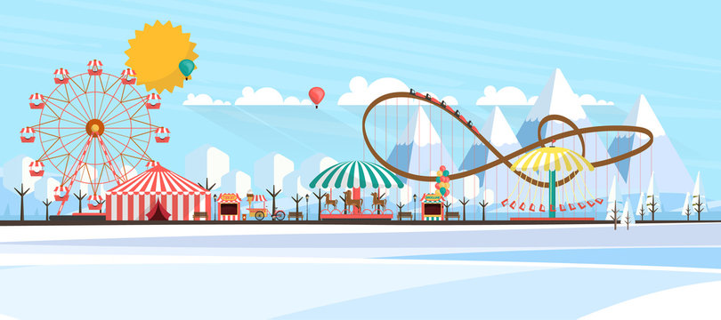 Flat illustration of amusement park at daytime in winter illustration


