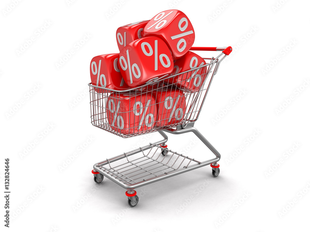 Poster shopping cart and dices with percent sign. image with clipping path