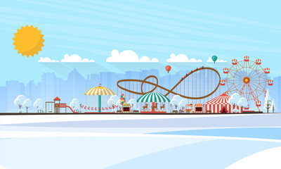 Flat illustration of amusement park at daytime in winter illustration

