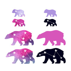 Cute icons with watercolor winter polar bear and constellations. Mother and her child. Cute children pattern. Perfect for print paper or textiles.