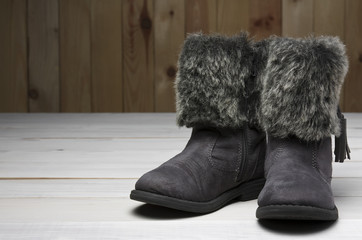 old children black fur boots shoes for winter or fashion on vint