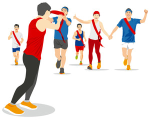 Fototapeta premium EKIDEN MARATHON WAS BORN IN JAPAN, THE RELAY RUNNERS HAND OVER T