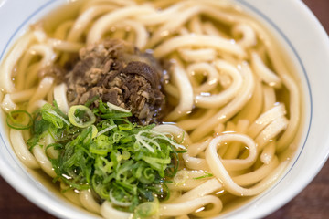 Traditional Japanese soup Udon with Beef and green Onion 