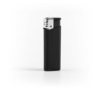 A black plastic lighter on white background.