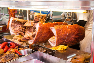 Chinese roast pork or Siu Yuk in shop for sale