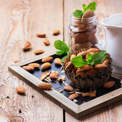 Almond milk with ingredients for healthy breakfast