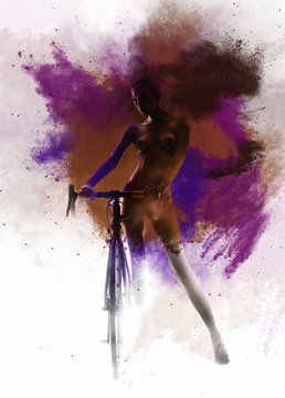 Naked woman with a bicycle combined with an abstract watercolor
