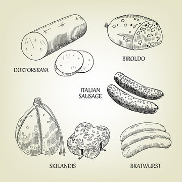 Graphic collection of sausages, skilandis, biroldo, bratwurst, doktorskaya and italian frankfurters. Vector meat food used for advertising farm products, butcher shop or menu design.