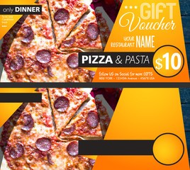 Restaurant Gift voucher flyer template with delicious taste pepperoni cheese pizza and space for your text.