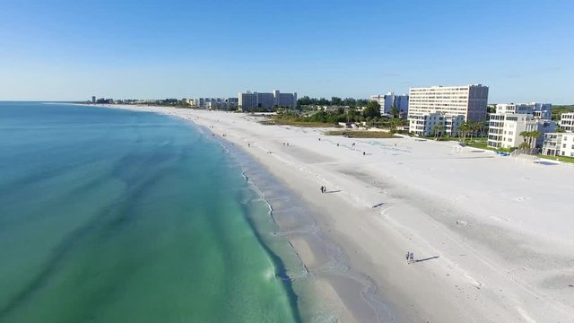 Aerial view of the Siesta Key beach with the most white and clean sand, Florida.