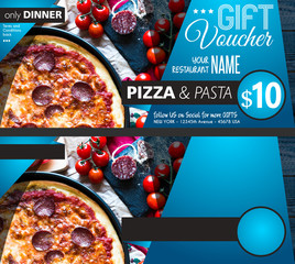 Restaurant Gift voucher flyer template with delicious taste pepperoni cheese pizza and space for...