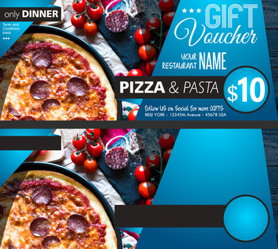 Restaurant Gift voucher flyer template with delicious taste pepperoni cheese pizza and space for your text. - Powered by Adobe