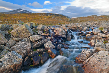 High plateau of clear mountain river in Sweden.