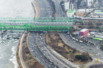 Traffic during rush hour in Seoul city, highway Road beside hun