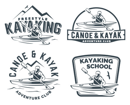 Kayak and canoe logo, emblems and badges. Man in a kayak