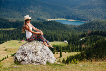 country woman relax in wild nature forest