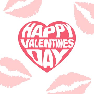 Vector illustration with Red  heart Valentines day card with sign on lipstick background