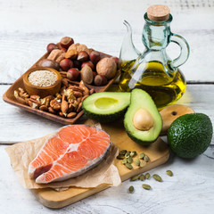 Selection of healthy fat sources food, life concept